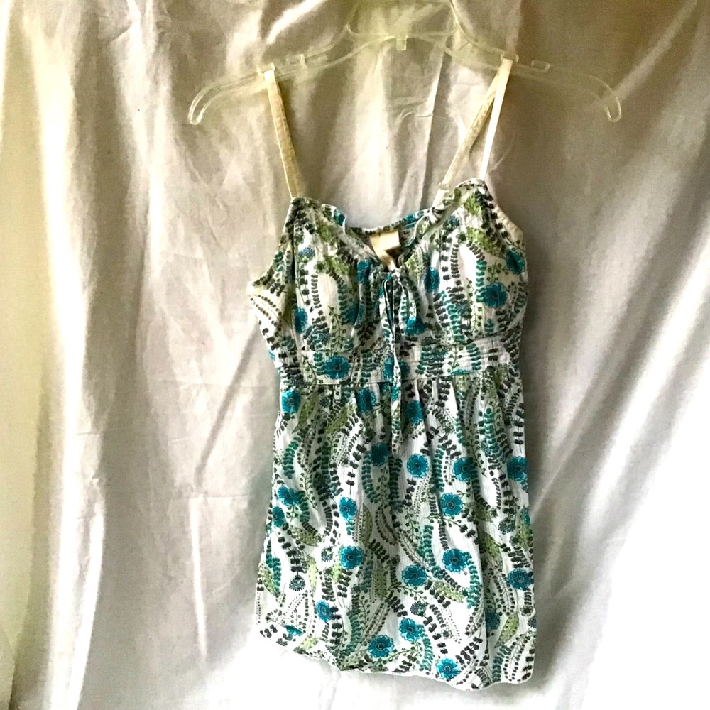 Red Camel Womens Small Spaghetti Strap Top Blouse Cami Floral Leaves Blue Green
